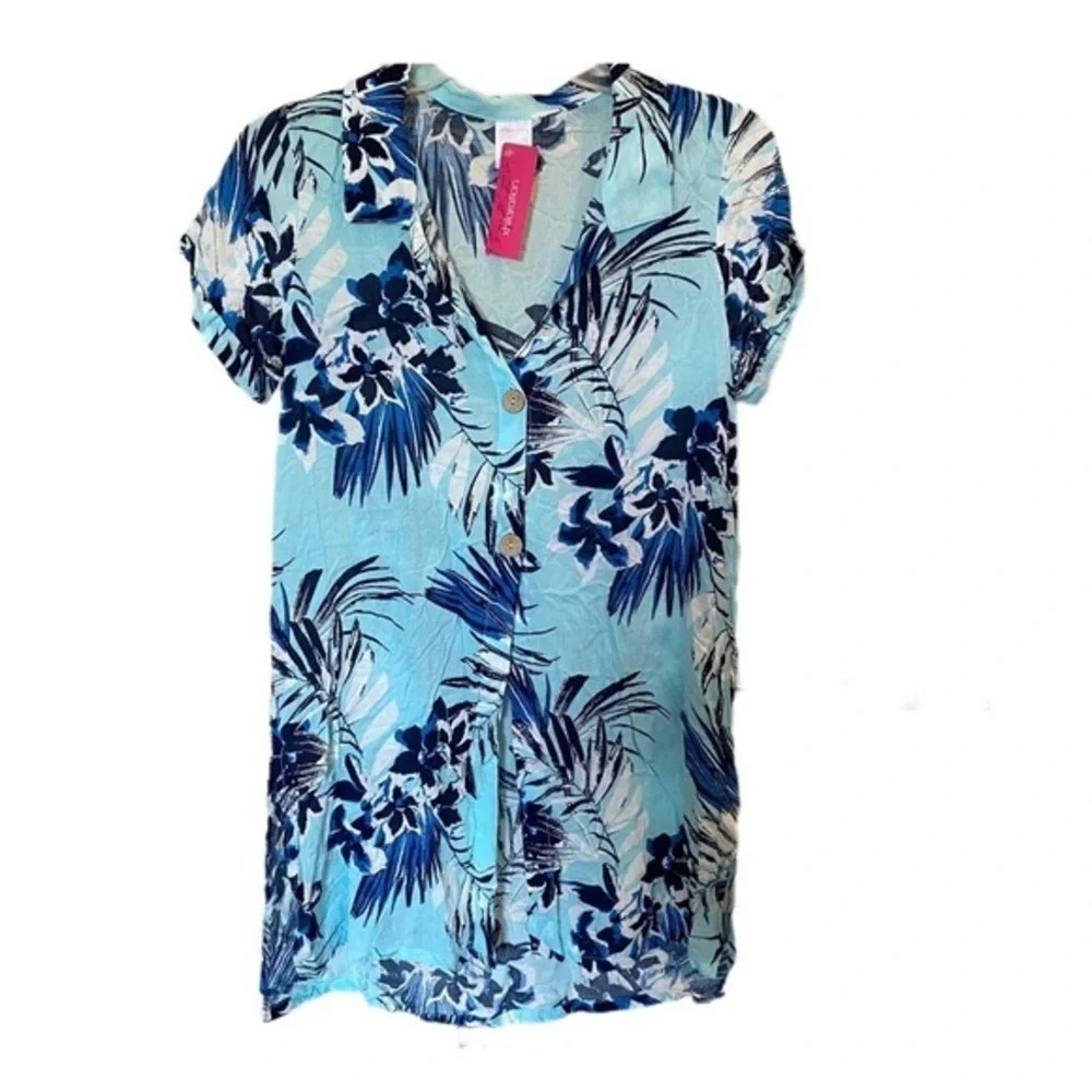 Women’s Blue Tropical Floral Medium Swimsuit coverup button up​​​